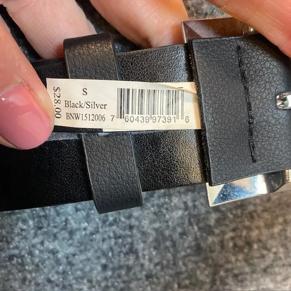 Nine West Black Faux Leather Belt Silver Square Buckle Women Small New